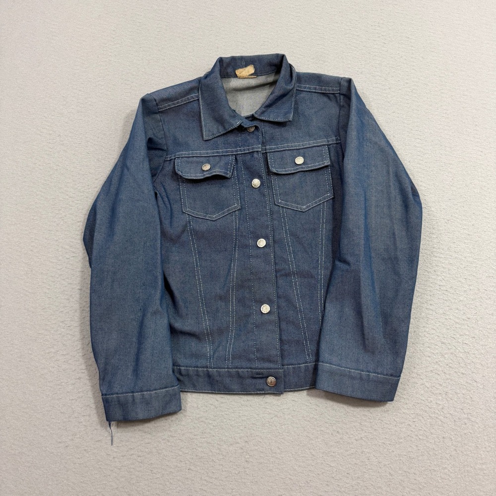 Vintage Denim Jacket Kids Size 12 Blue Trucker Jean Coat Contrast Stitching 80s